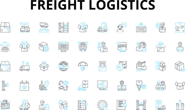 Freight logistics linear icons set. Shipping, Transport, Supply Chain, Warehousing, Distribution, Trucking, Cargo vector symbols and line concept signs. Rail,Airfreight,Freight forwarder illustration