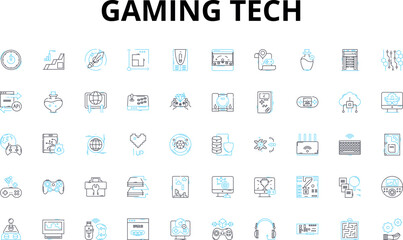 Gaming tech linear icons set. Controller, Console, Graphics, Virtual, Multiplayer, Streaming, Gaming vector symbols and line concept signs. eSports,Joystick,Headset illustration