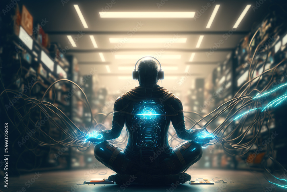 Poster Digital era man meditating in neon wires, with consciousness connected to the world via technological structure. Generated AI.