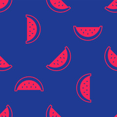 Red Watermelon icon isolated seamless pattern on blue background. Vector