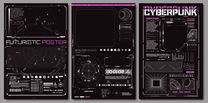 Distorted structures, black and white retro cyberpunk style. Futuristic info boxes layout templates. Cyberpunk future geometric designs. 90s retro retrofuturistic surreal cover set. Vector illustratin