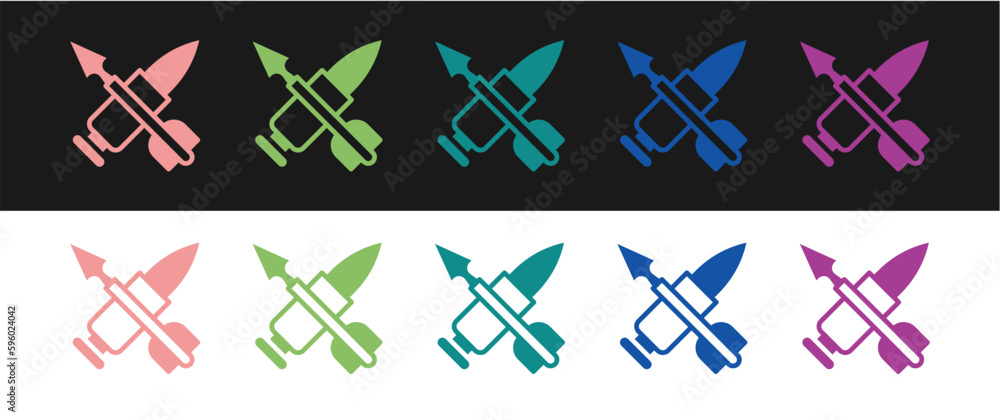 Poster set crossed bullet with arrow icon isolated on black and white background. vector