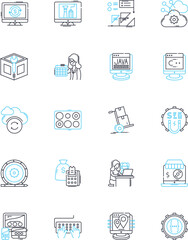 Coding Techniques linear icons set. Algorithms, Syntax, Debugging, Optimization, Pseudocode, Refactoring, Abstraction line vector and concept signs. Implementation,Encapsulation,Inheritance outline