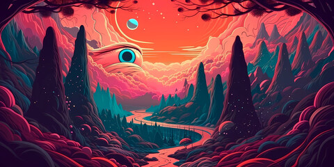 colorful painting of the all seeing eye of the world in a psychedelic river landscape with mountains and trees, created with generative ai 