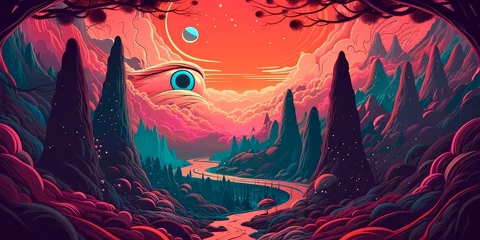 Fototapeten colorful painting of the all seeing eye of the world in a psychedelic river landscape with mountains and trees, created with generative ai  © Echelon IMG