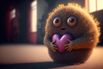 Funny brown monster hugging pink heart. Generated AI.
