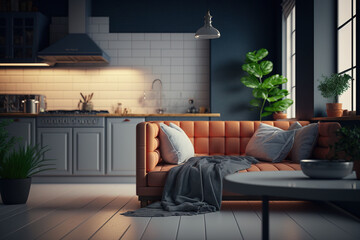 A comfortable sofa in a modern kitchen. Generative AI.