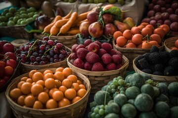 Close-up shot of fresh fruits and vegetables, in a farmers market setting. Generative Ai.