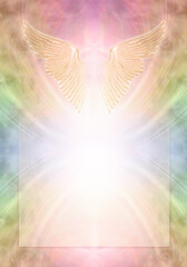 Beautiful Rainbow Angel Therapy Template - shimmering golden Angel Wings with bright white light against a symmetrical pattern background with border ideal for a certificate, award, diploma, invite