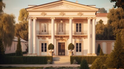 Neoclassical exterior house design in daytime golden hour generative ai