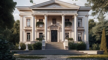 Fototapeta premium Neoclassical exterior house design in daytime golden hour generative ai