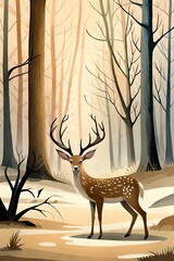 Cartoon Hirsch und Reh Wald im Winter