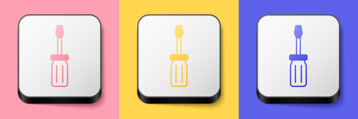Isometric Screwdriver icon isolated on pink, yellow and blue background. Service tool symbol. Square button. Vector