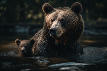 Obraz na płótnie Canvas Heroic mama bear plunges into water to rescue her young. Generative AI