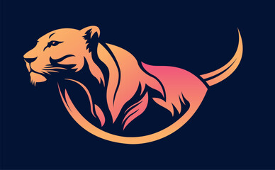 Lioness body logo template design line art vector illustration isolated on dark background. Female lion brand identity logotype design. - obrazy, fototapety, plakaty