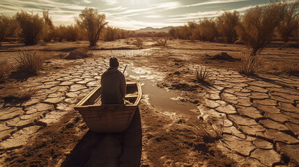 A Person Sits in a Dilapidated Boat in a Dry Lake Bed Stricken By Drought and Global Warming - Climate Change Concept - Generative AI