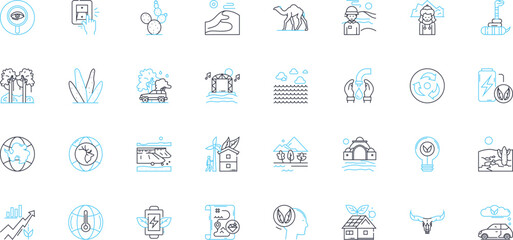 Renewable linear icons set. Solar, Wind, Hydro, Geothermal, Biomass, Tidal, Ocean line vector and concept signs. Renewable,Sustainable,Green outline illustrations