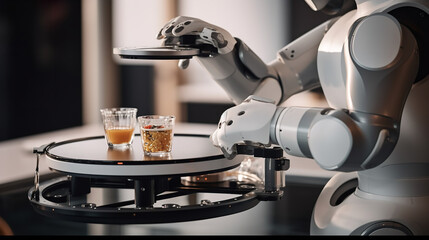 Close-up image of a robot assistant with a serving tray, showcasing its attention to detail and precision in serving food. The robot's mechanical arm and grippers are shown in action, delicately holdi