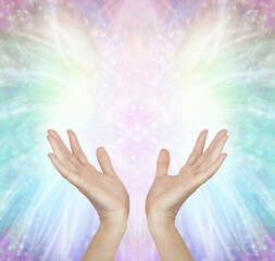 Angel Therapy Healing Hands Concept - female hands reaching up into sparkling energy  field ...