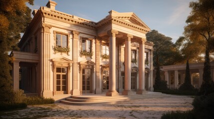 Obraz premium Palladian exterior house design in daytime golden hour ai