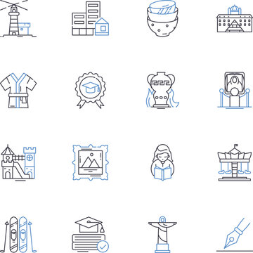 Antiquity line icons collection. Artifacts, Ruins, Pompeii, Colosseum, Pyramids, Mosaics, Mythology vector and linear illustration. Gladiators,Pharaohs,Hammurabi outline signs set