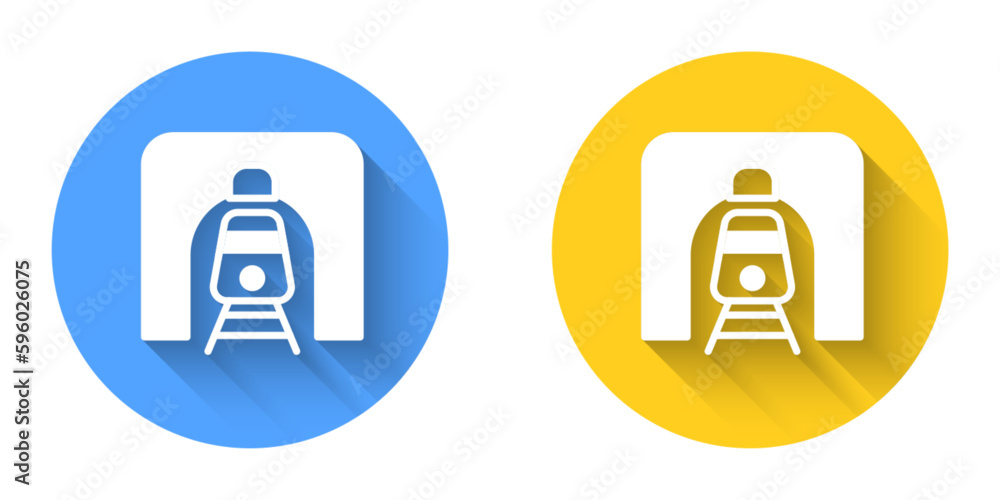 Poster white train in railway tunnel icon isolated with long shadow background. railroad tunnel. circle but