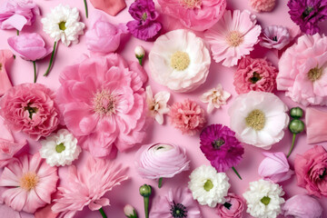 Obraz na płótnie Canvas Pastel color flowers on pink background. Floral flat lay, Spring season bloom. Generative AI