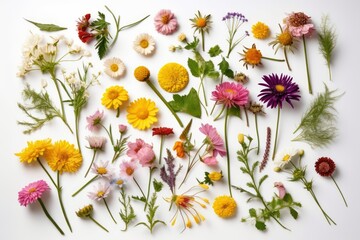 Obraz premium Wild flowers on white background. Yellow and purple petals and green leaves flat lay. Generative AI