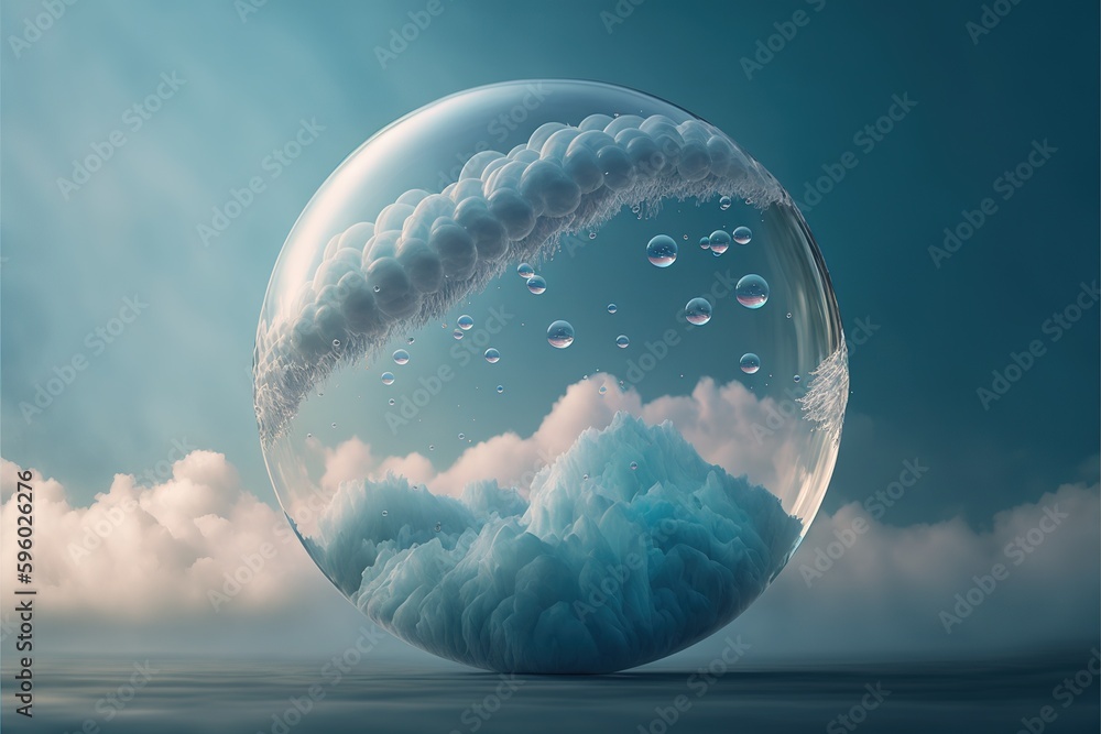 Poster beautiful modern abstract artwork of the sky captured in the transparent sphere bubble that reflect 