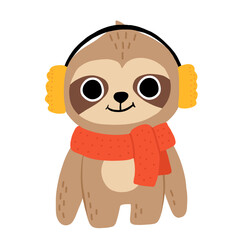 Obraz premium Cute cartoon baby sloth with warm earmuffs and scarf smiling. Isolated winter vector illustration for childrens book.