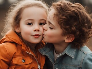 Boy kissing girl on cheek. Generative AI 