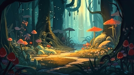 The Mystery Forest with Plants and Flowers and wildlife. Realistic Fantastic Cartoon Style Artwork Scene, Wallpaper, Story Background, Card Design