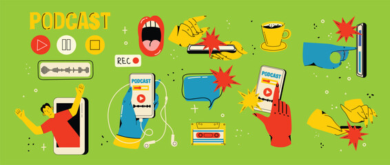 Concept of news, watching video online, podcast, talk show, tv application, live streaming. Hand holding smartphone with man with microphone on screen. Vector illustration in flat style