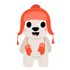 Cute cartoon baby polar bear in hat and mittens smiling. Isolated winter vector illustration for childrens book.