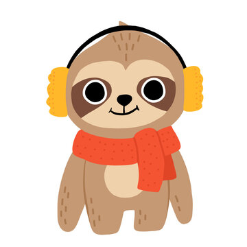 Cute cartoon baby sloth with warm earmuffs and scarf smiling. Isolated winter vector illustration for childrens book.