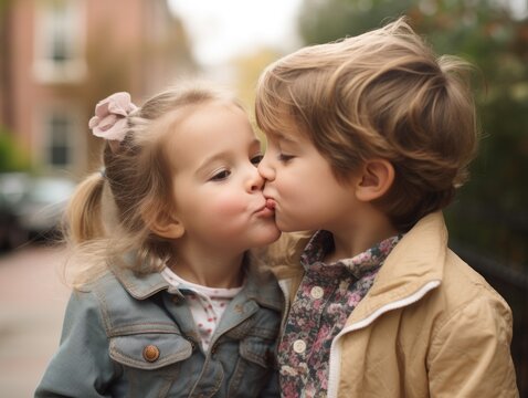Boy kissing girl on cheek.