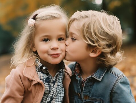Boy kissing girl on cheek. Generative AI 