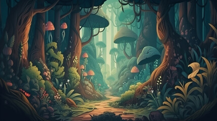 The Mystery Forest with Plants and Flowers and wildlife. Realistic Fantastic Cartoon Style Artwork Scene, Wallpaper, Story Background, Card Design