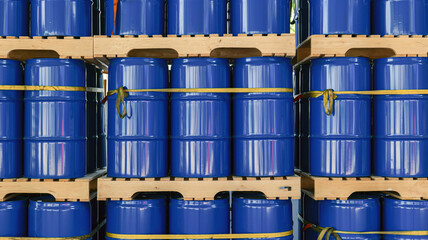 Inside a chemical facility, stacks of blue 200-liter chemical storage tanks on wooden pallets are...