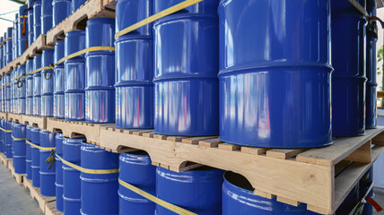 Inside a chemical facility, stacks of blue 200-liter chemical storage tanks on wooden pallets are ready for shipping.Transportation and Chemical Industry Concepts