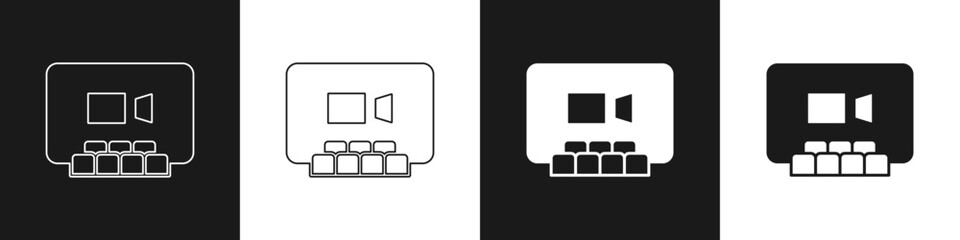 Set Video chat conference icon isolated on black and white background. Online meeting work form home. Remote project management. Vector