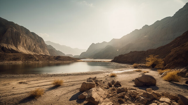 A Drought Stricken Dry Lake Bed with Mountains in the Distance as the Water Disappears, Global Warming and Climate Change Concept - Generative AI