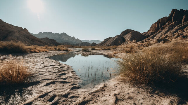 A Drought Stricken Dry Lake Bed with Mountains in the Distance as the Water Disappears, Global Warming and Climate Change Concept - Generative AI