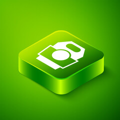 Isometric Asian noodles in paper box icon isolated on green background. Street fast food. Korean, Japanese, Chinese food. Green square button. Vector