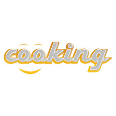 Cooking poster with cooking pan, fire flame and grunge texture. Trendy retro design for Culinary school, food studio, cooking classes. Vector illustration, word cartoon this word is cooking.
