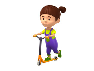 A cartoon child riding a scooter with a blue shirt and purple pants 3d render illustration