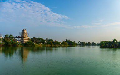Traditional Hindu temple on lake side, Visakhapatnam, Andhra pradesh, India.