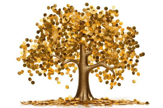 Golden tree with coins instead of leaves isolated on white background. Generative ai.