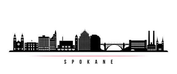 Spokane, WA skyline horizontal banner. Black and white silhouette of Spokane city. Vector template for your design. - 596027447