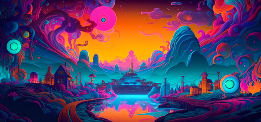 psychedelic surreal fairy tale kingdom landscape, wallpaper art, created with generative ai